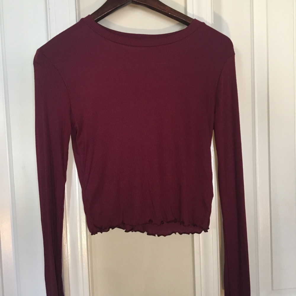Burgundy high neck long sleeve crop top